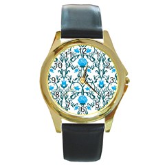 Art Nouveau, Art Deco, Floral,vintage,blue,green,white,beautiful,elegant,chic,modern,trendy,belle Époque Round Gold Metal Watch