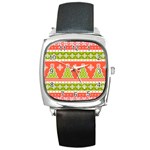 Christmas Tree Ugly Sweater Pattern Square Metal Watch Front