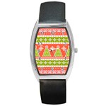 Christmas Tree Ugly Sweater Pattern Barrel Style Metal Watch Front