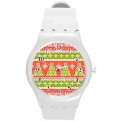 Christmas Tree Ugly Sweater Pattern Round Plastic Sport Watch (m) by allthingseveryone