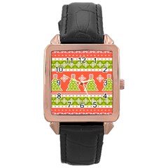 Christmas Tree Ugly Sweater Pattern Rose Gold Leather Watch  by allthingseveryone