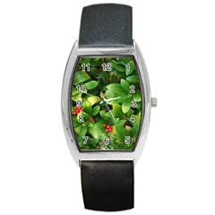 Christmas Season Floral Green Red Skimmia Flower Barrel Style Metal Watch by yoursparklingshop