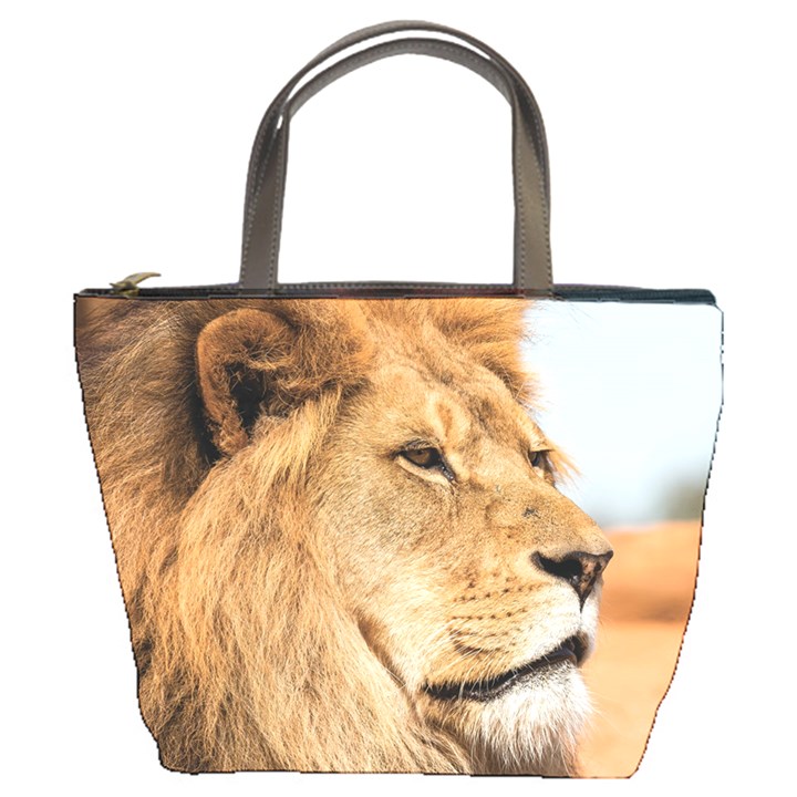 Big male lion looking right Bucket Bags