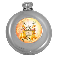 Happy Thanksgiving With Pumpkin Round Hip Flask (5 Oz) by FantasyWorld7