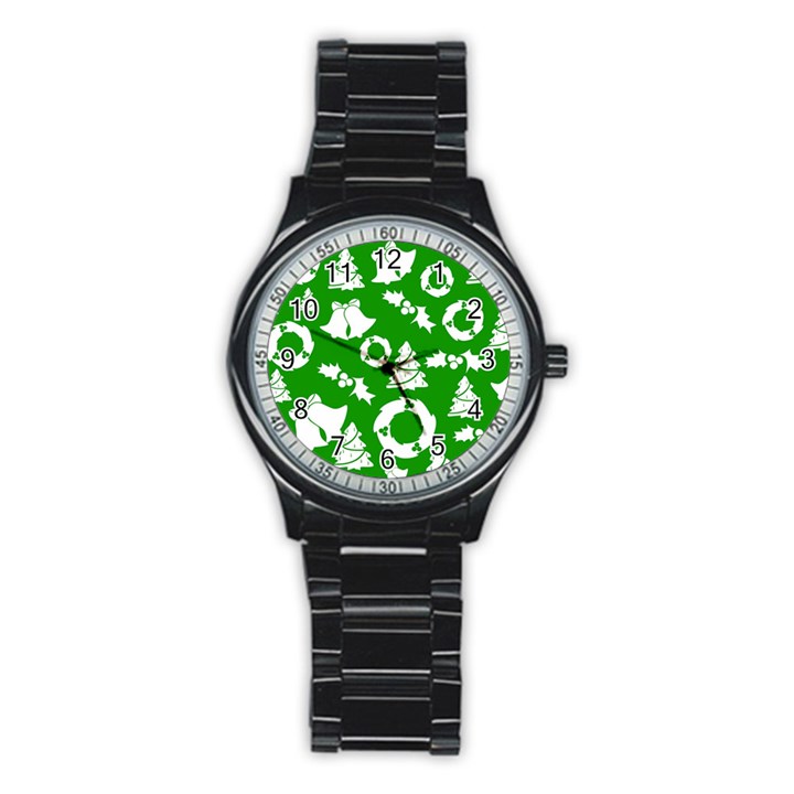 Green White Backdrop Background Card Christmas Stainless Steel Round Watch