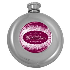 Christmas Card Red Snowflakes Round Hip Flask (5 Oz)