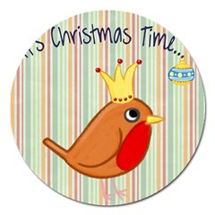 Bird Christmas Card Blue Modern Magnet 5  (round) by Celenk