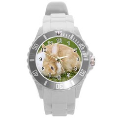 Beautiful Blue Eyed Bunny On Green Grass Round Plastic Sport Watch (l) by Ucco