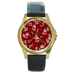 Pug Xmas Pattern Round Gold Metal Watch