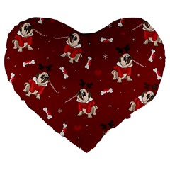 Pug Xmas Pattern Large 19  Premium Flano Heart Shape Cushions by Valentinaart