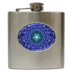 Accordant Electric Blue Fractal Flower Mandala Hip Flask (6 Oz) by jayaprime