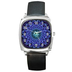 Accordant Electric Blue Fractal Flower Mandala Square Metal Watch by jayaprime