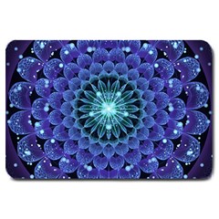 Accordant Electric Blue Fractal Flower Mandala Large Doormat  by jayaprime