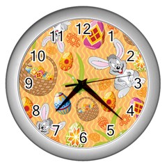 Easter Bunny And Egg Basket Wall Clocks (silver)  by allthingseveryone