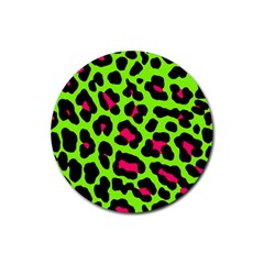 Neon Green Leopard Print Rubber Round Coaster (4 Pack)  by allthingseveryone