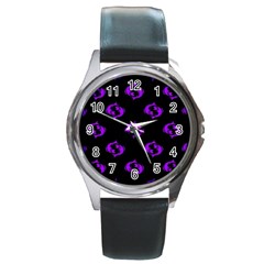 Purple Pisces On Black Background Round Metal Watch by allthingseveryone