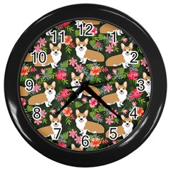 Welsh Corgi Hawaiian Pattern Florals Tropical Summer Dog Wall Clocks (black) by Celenk