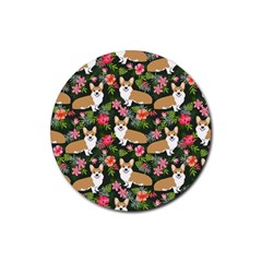 Welsh Corgi Hawaiian Pattern Florals Tropical Summer Dog Rubber Coaster (round) 