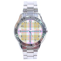 Pink And Yellow Plaid Stainless Steel Analogue Watch