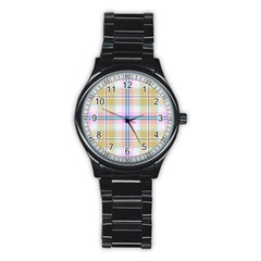 Pink And Yellow Plaid Stainless Steel Round Watch