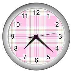 Pink Pastel Plaid Wall Clocks (silver) 