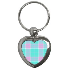 Blue And Pink Pastel Plaid Key Chains (Heart) 