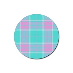 Blue And Pink Pastel Plaid Rubber Round Coaster (4 Pack)  by allthingseveryone