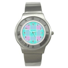 Blue And Pink Pastel Plaid Stainless Steel Watch by allthingseveryone