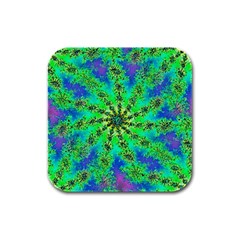 Green Psychedelic Starburst Fractal Rubber Square Coaster (4 Pack)  by allthingseveryone