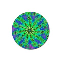 Green Psychedelic Starburst Fractal Rubber Round Coaster (4 Pack)  by allthingseveryone