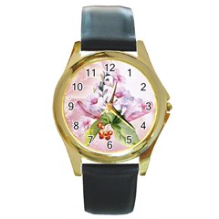 Wonderful Flowers, Soft Colors, Watercolor Round Gold Metal Watch