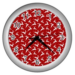 Red Reindeers Wall Clocks (silver)  by patternstudio