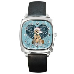 It s Winter And Christmas Time, Cute Kitten And Dogs Square Metal Watch by FantasyWorld7