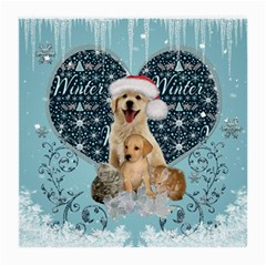 It s Winter And Christmas Time, Cute Kitten And Dogs Medium Glasses Cloth (2-side)