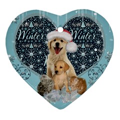 It s Winter And Christmas Time, Cute Kitten And Dogs Ornament (heart) by FantasyWorld7