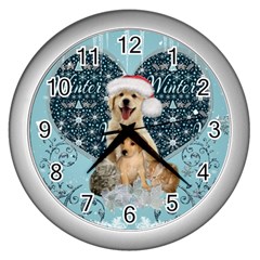 It s Winter And Christmas Time, Cute Kitten And Dogs Wall Clocks (silver)  by FantasyWorld7