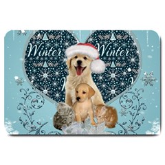It s Winter And Christmas Time, Cute Kitten And Dogs Large Doormat  by FantasyWorld7