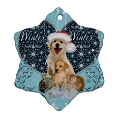 It s Winter And Christmas Time, Cute Kitten And Dogs Snowflake Ornament (two Sides) by FantasyWorld7