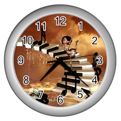 Cute Little Girl Dancing On A Piano Wall Clocks (silver)  by FantasyWorld7