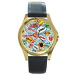 Comic Pattern Round Gold Metal Watch Front