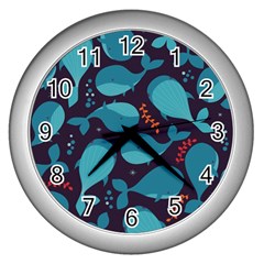 Blue Whale Pattern Wall Clocks (silver)  by Bigfootshirtshop