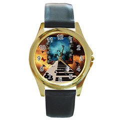 Music, Piano With Birds And Butterflies Round Gold Metal Watch by FantasyWorld7