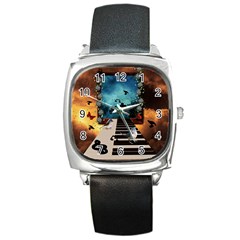 Music, Piano With Birds And Butterflies Square Metal Watch