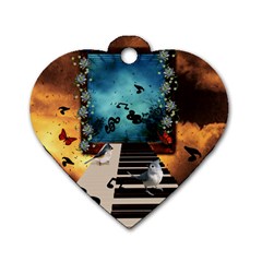 Music, Piano With Birds And Butterflies Dog Tag Heart (two Sides) by FantasyWorld7