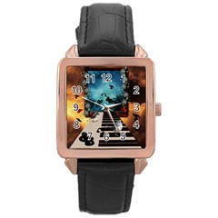 Music, Piano With Birds And Butterflies Rose Gold Leather Watch  by FantasyWorld7