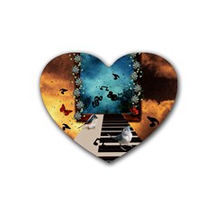 Music, Piano With Birds And Butterflies Rubber Coaster (heart)  by FantasyWorld7