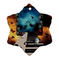 Music, Piano With Birds And Butterflies Snowflake Ornament (two Sides) by FantasyWorld7