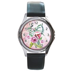 Flowers And Leaves In Soft Purple Colors Round Metal Watch by FantasyWorld7