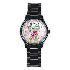 Flowers And Leaves In Soft Purple Colors Stainless Steel Round Watch