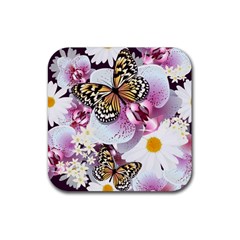 Butterflies With White And Purple Flowers  Rubber Coaster (Square) 